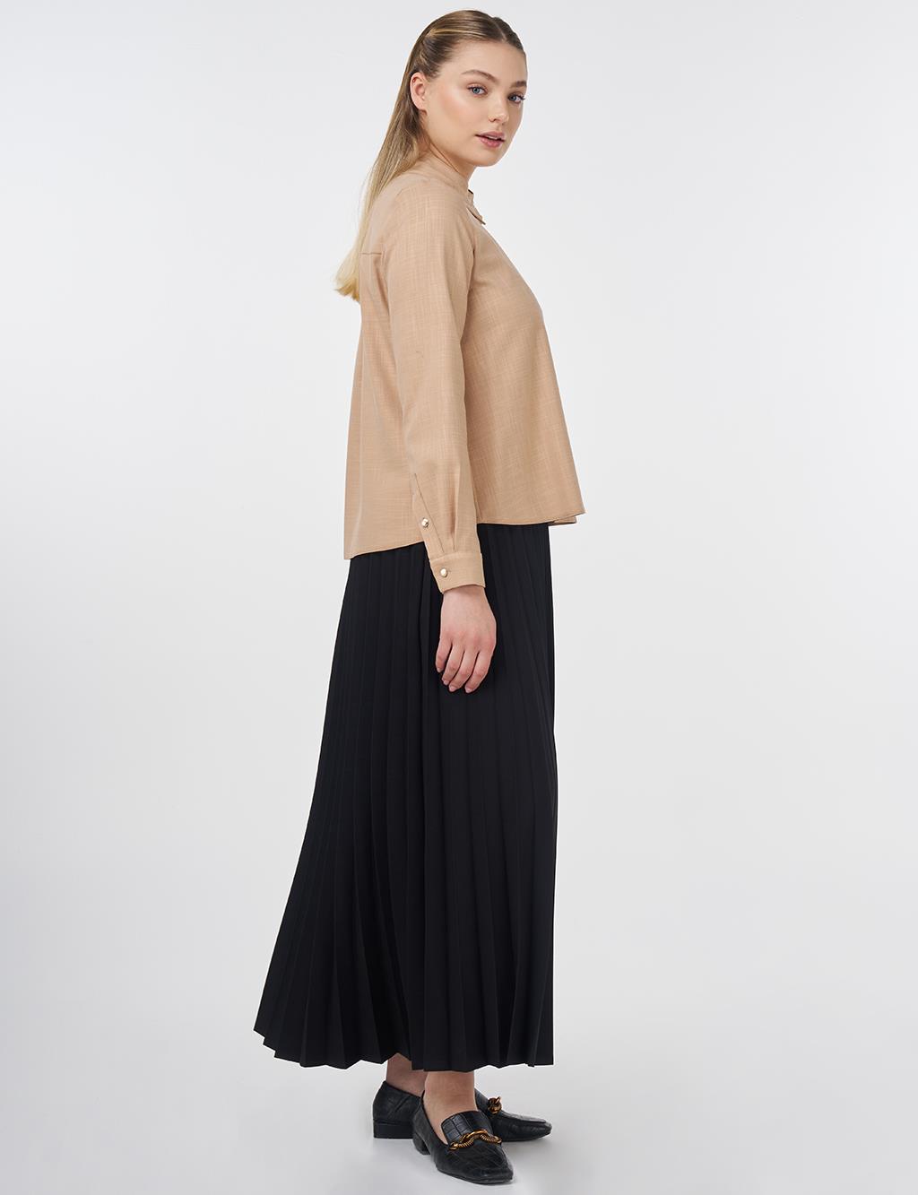 Shiny Buttoned Mandarin Collar Blouse Beige