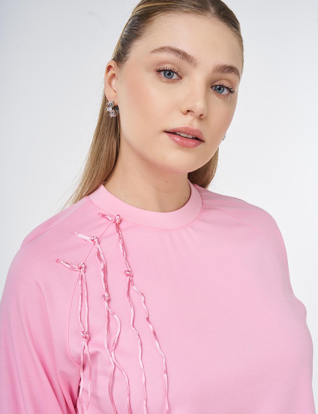 Ribanalı Sıfır Yaka Penye Sweatshirt Şeker Pembe