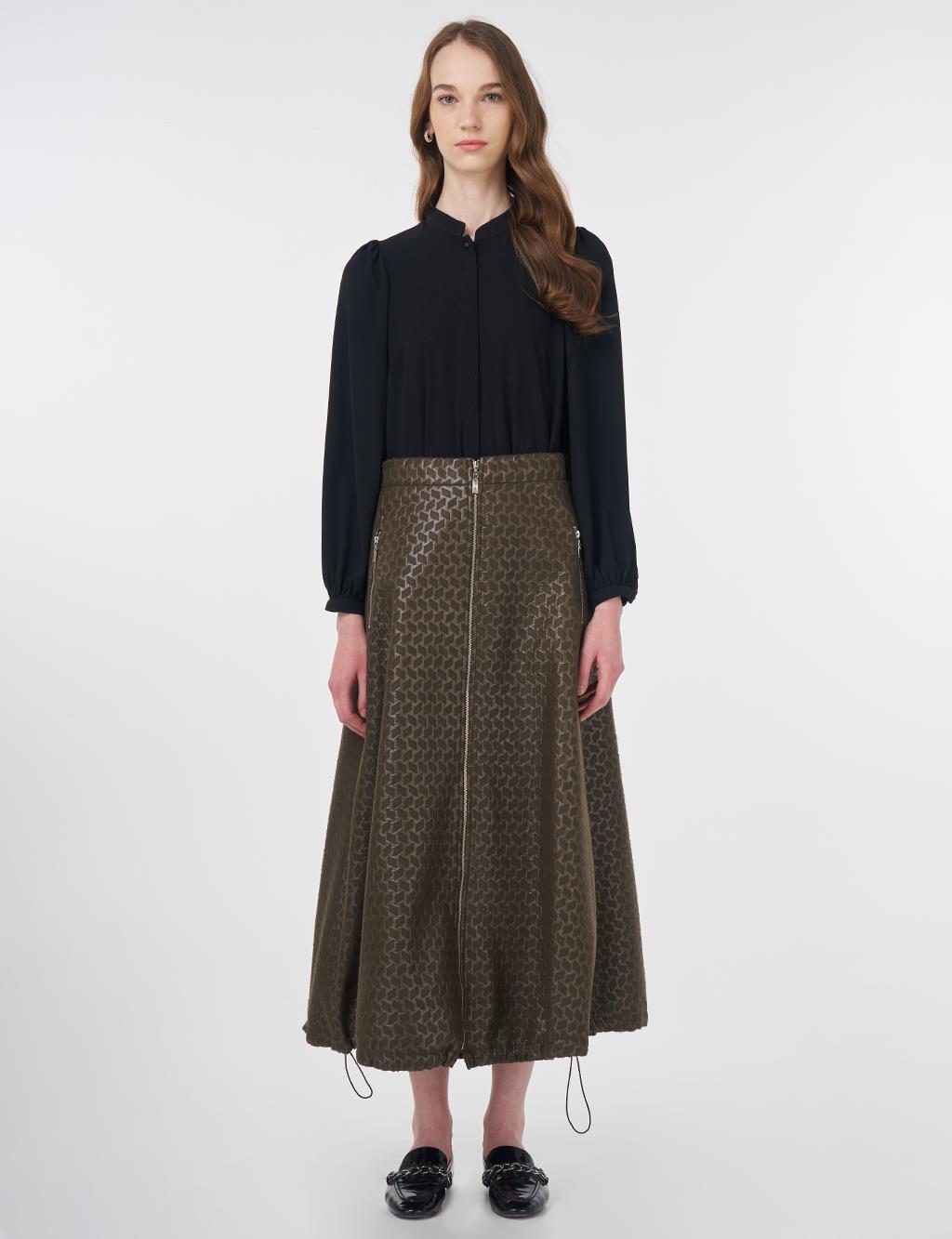 Houndstooth Patterned Flared Skirt Khaki