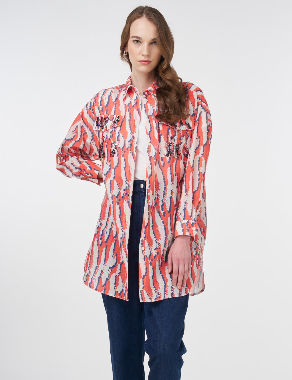 Abstract Patterned Shirt Collar Tunic Coral