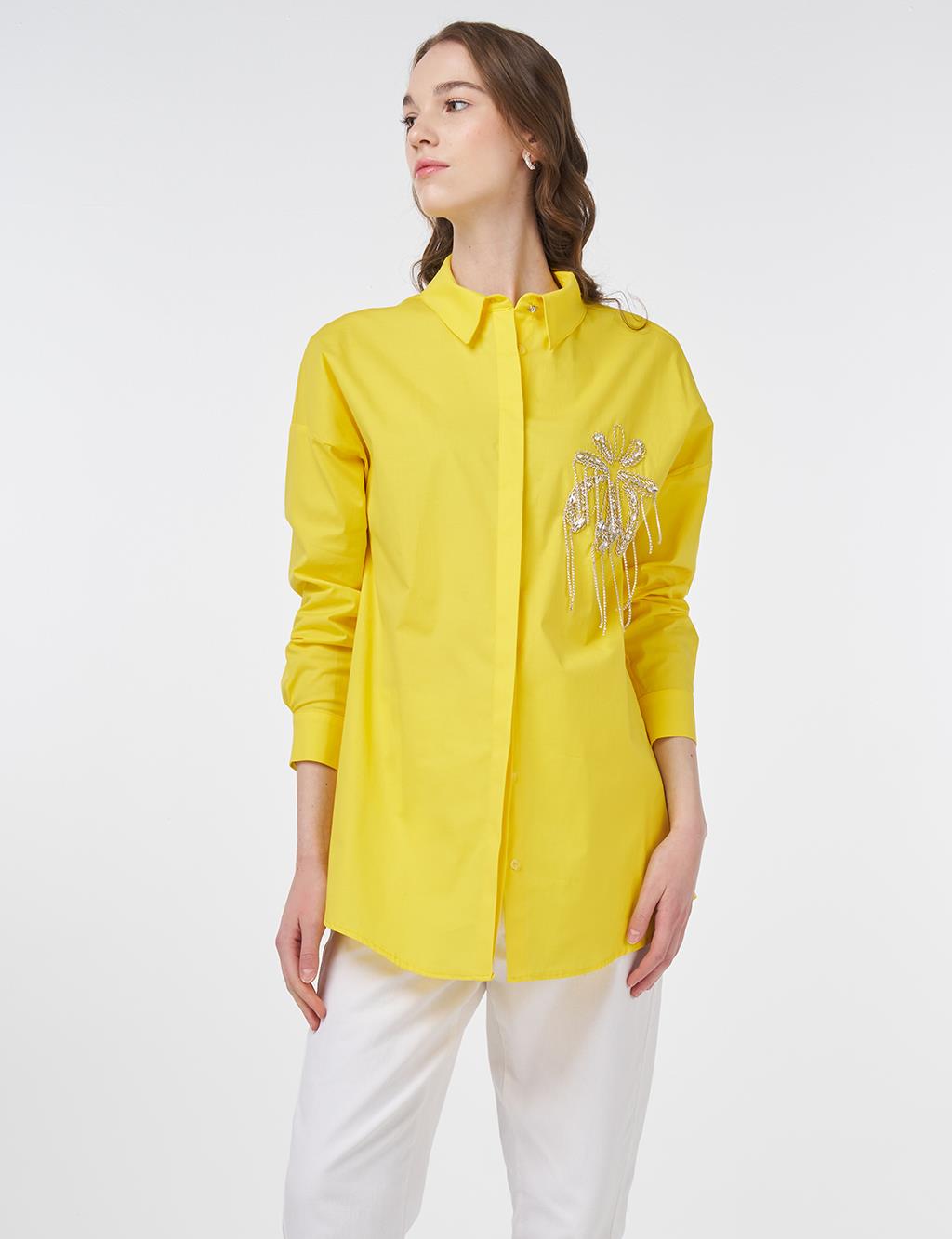 Stone Embroidered Cotton Tunic Yellow