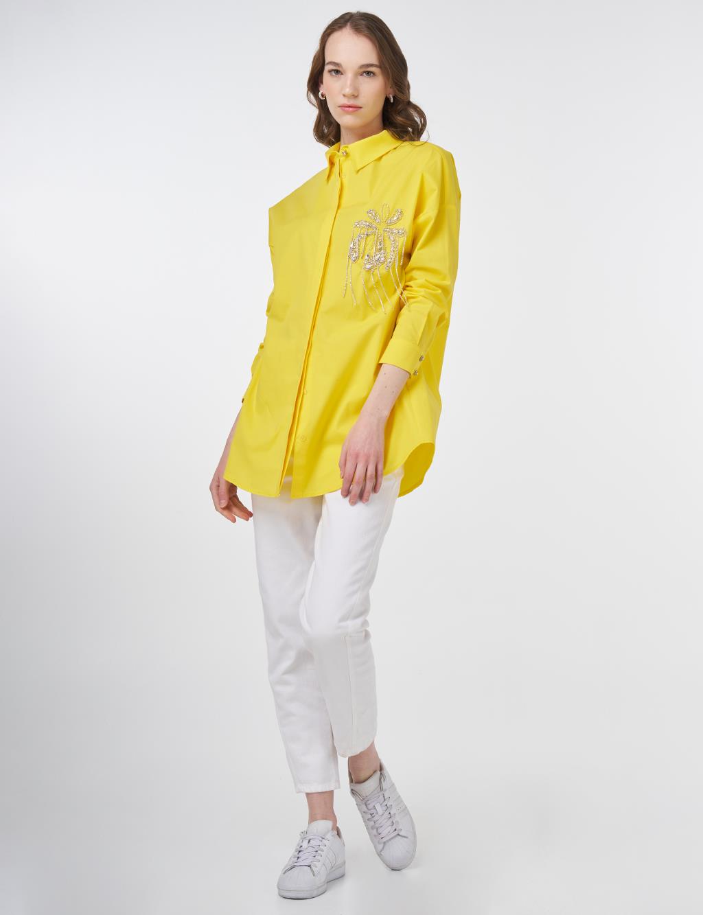 Stone Embroidered Cotton Tunic Yellow