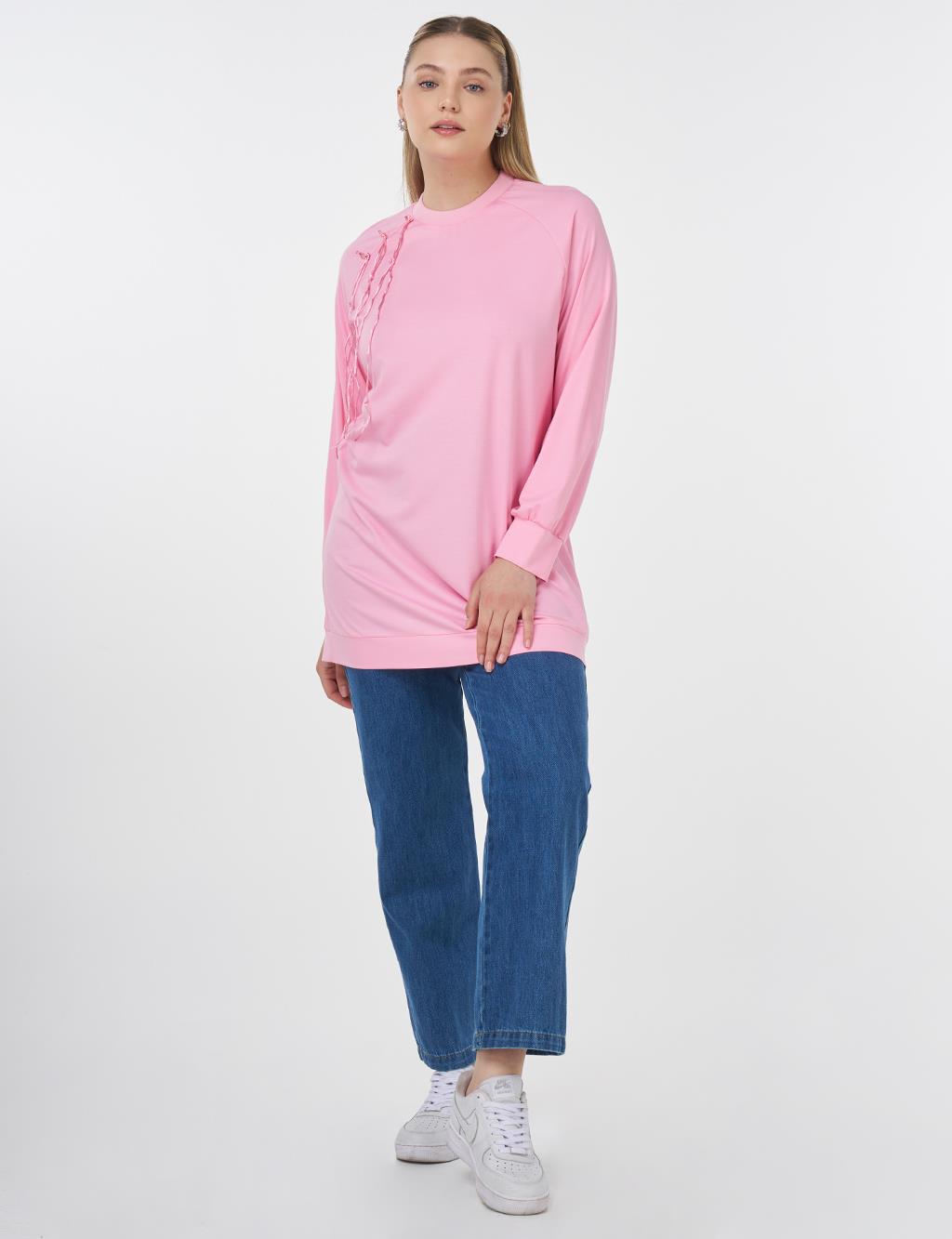 Ribanalı Sıfır Yaka Penye Sweatshirt Şeker Pembe