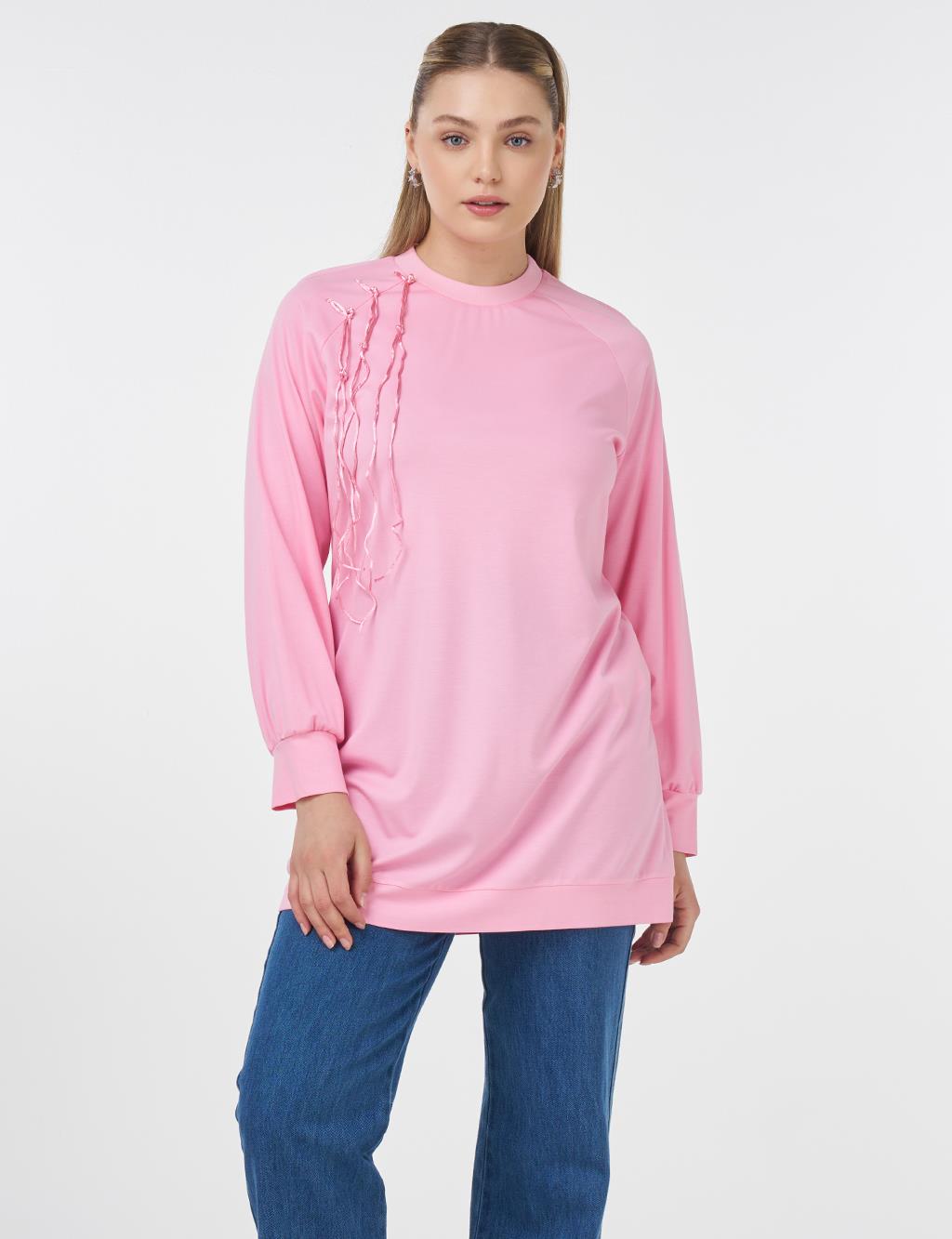 Ribanalı Sıfır Yaka Penye Sweatshirt Şeker Pembe