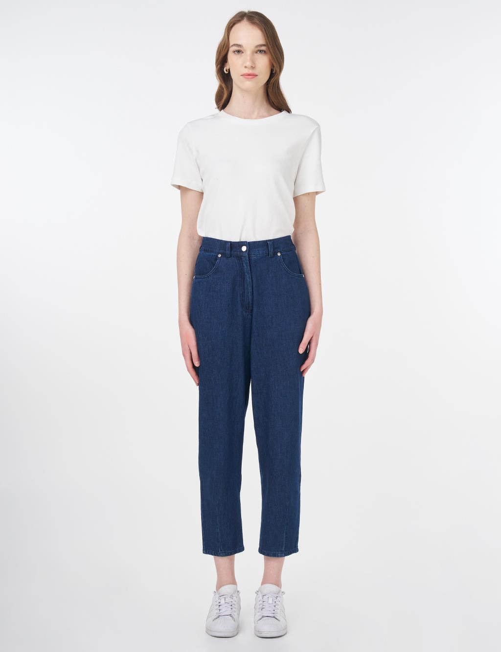 Carrot Cut Pocket Detailed Denim Pants Navy Blue