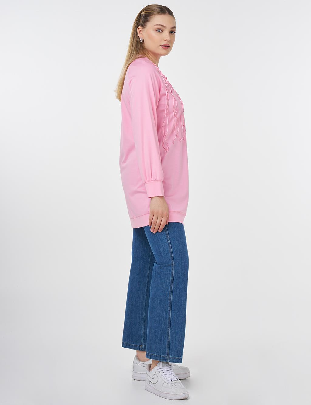 Ribanalı Sıfır Yaka Penye Sweatshirt Şeker Pembe