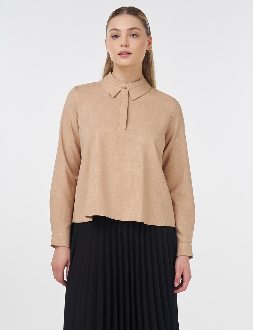 Shiny Buttoned Mandarin Collar Blouse Beige