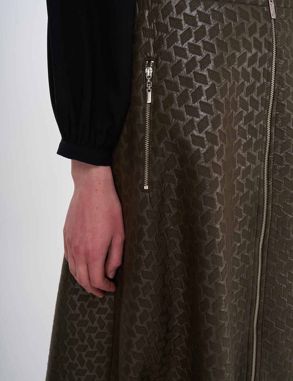 Houndstooth Patterned Flared Skirt Khaki