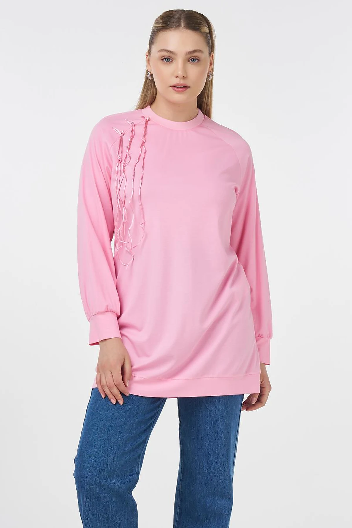 Ribanalı Sıfır Yaka Penye Sweatshirt Şeker Pembe