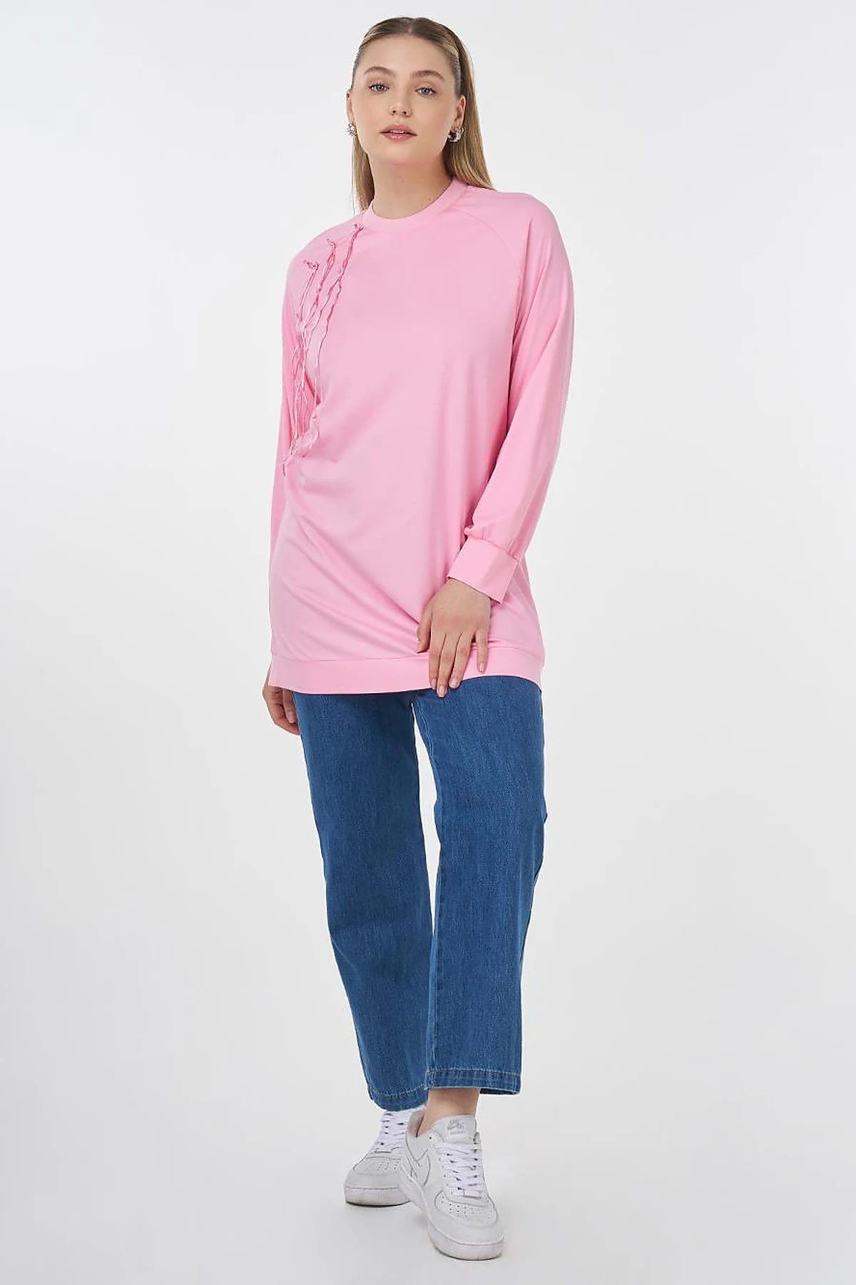 Ribanalı Sıfır Yaka Penye Sweatshirt Şeker Pembe