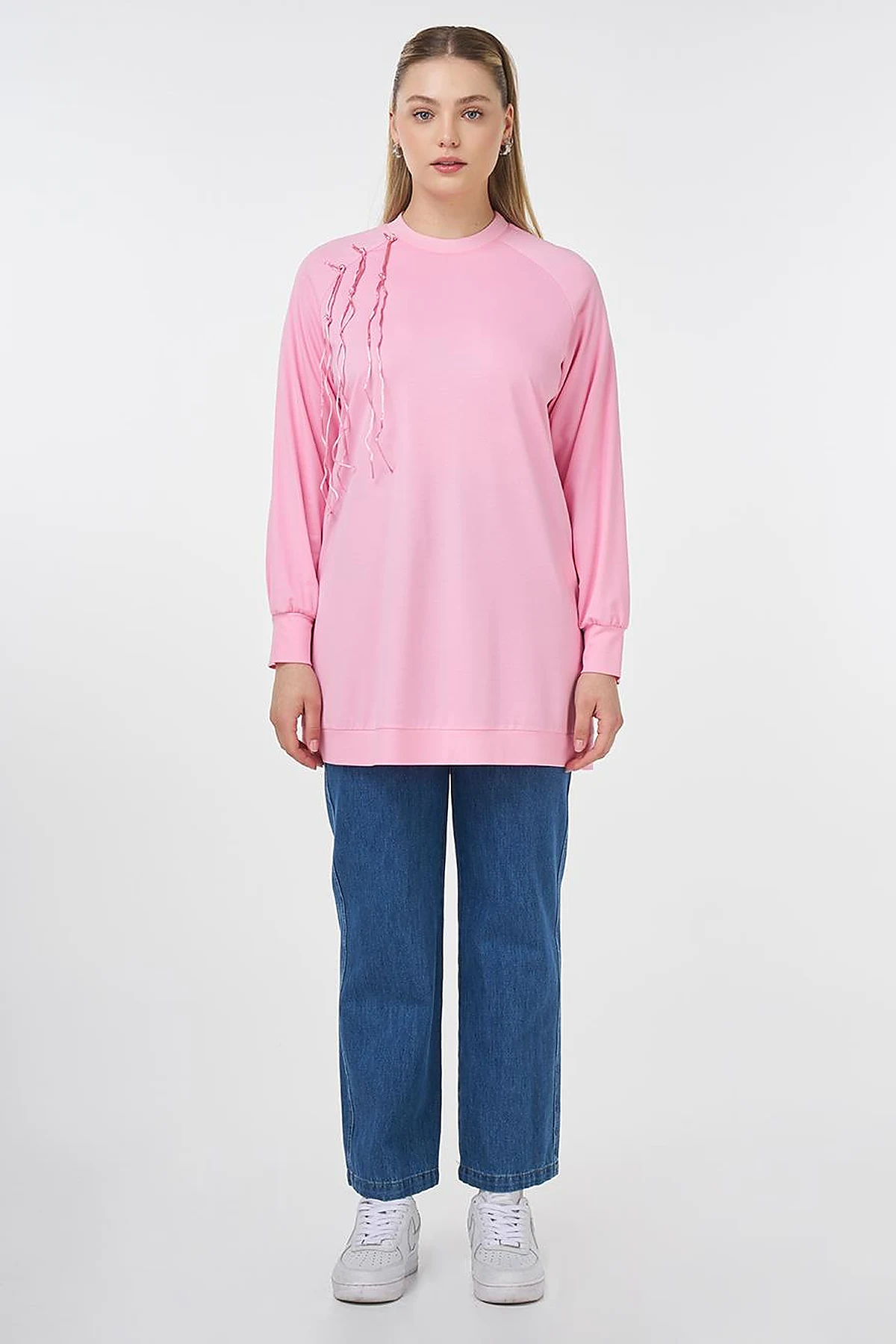 Ribanalı Sıfır Yaka Penye Sweatshirt Şeker Pembe