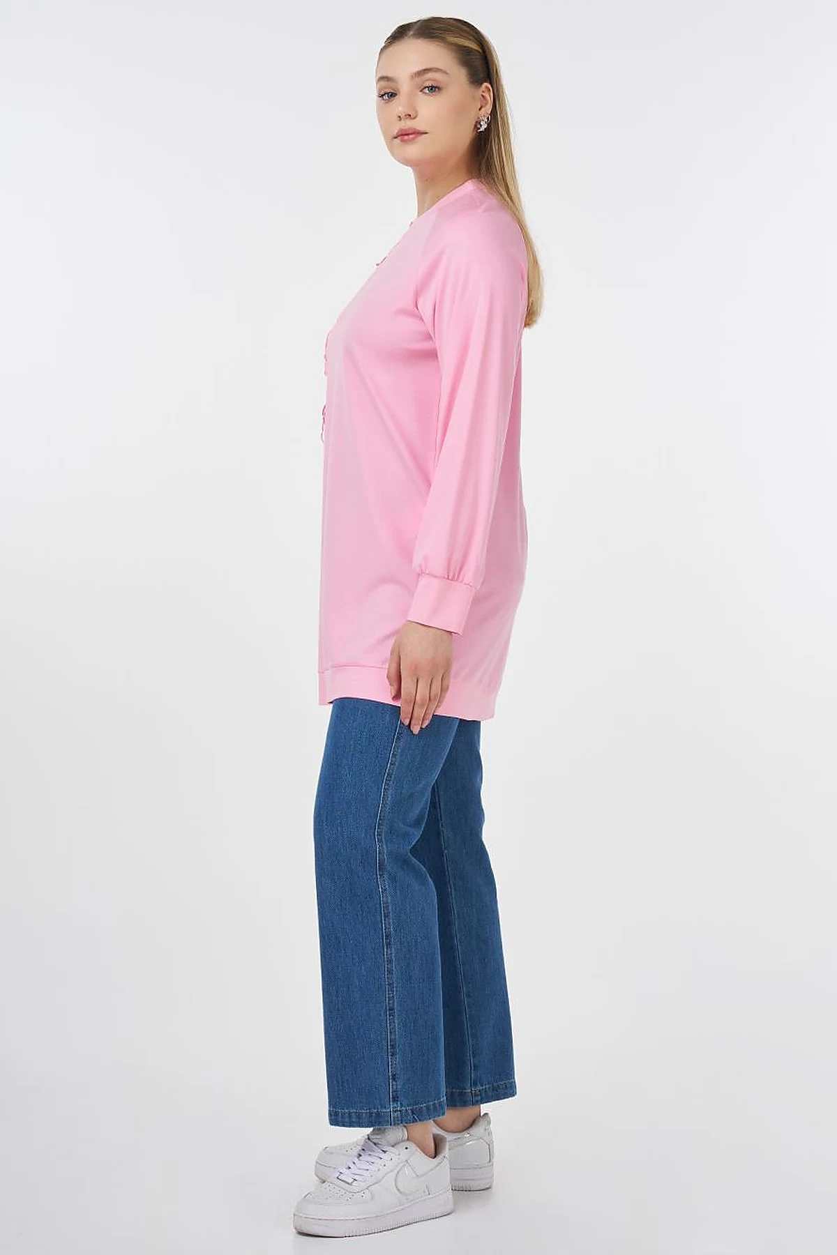 Ribanalı Sıfır Yaka Penye Sweatshirt Şeker Pembe