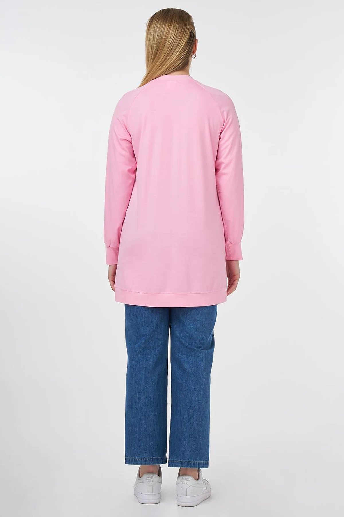 Ribanalı Sıfır Yaka Penye Sweatshirt Şeker Pembe