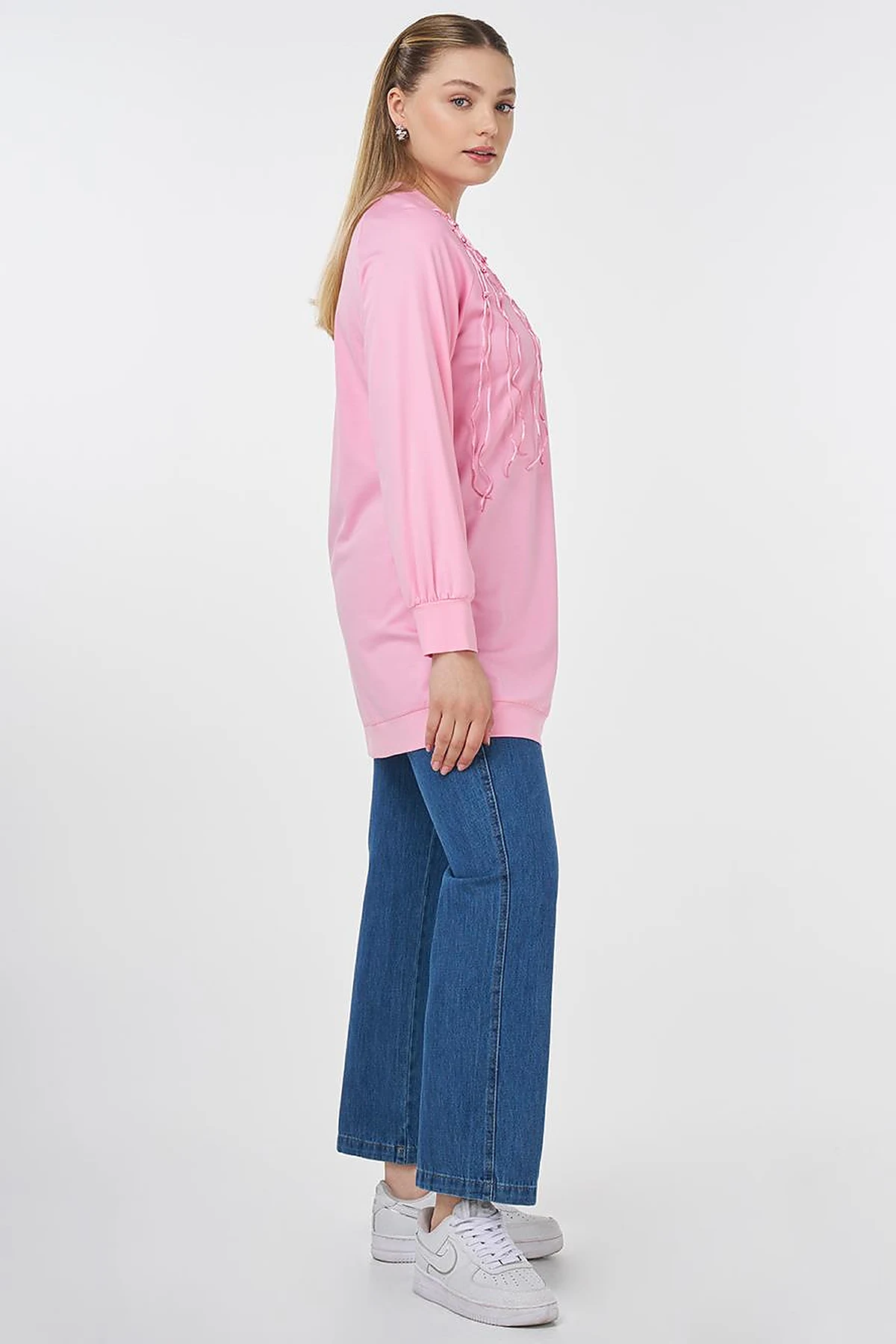 Ribanalı Sıfır Yaka Penye Sweatshirt Şeker Pembe