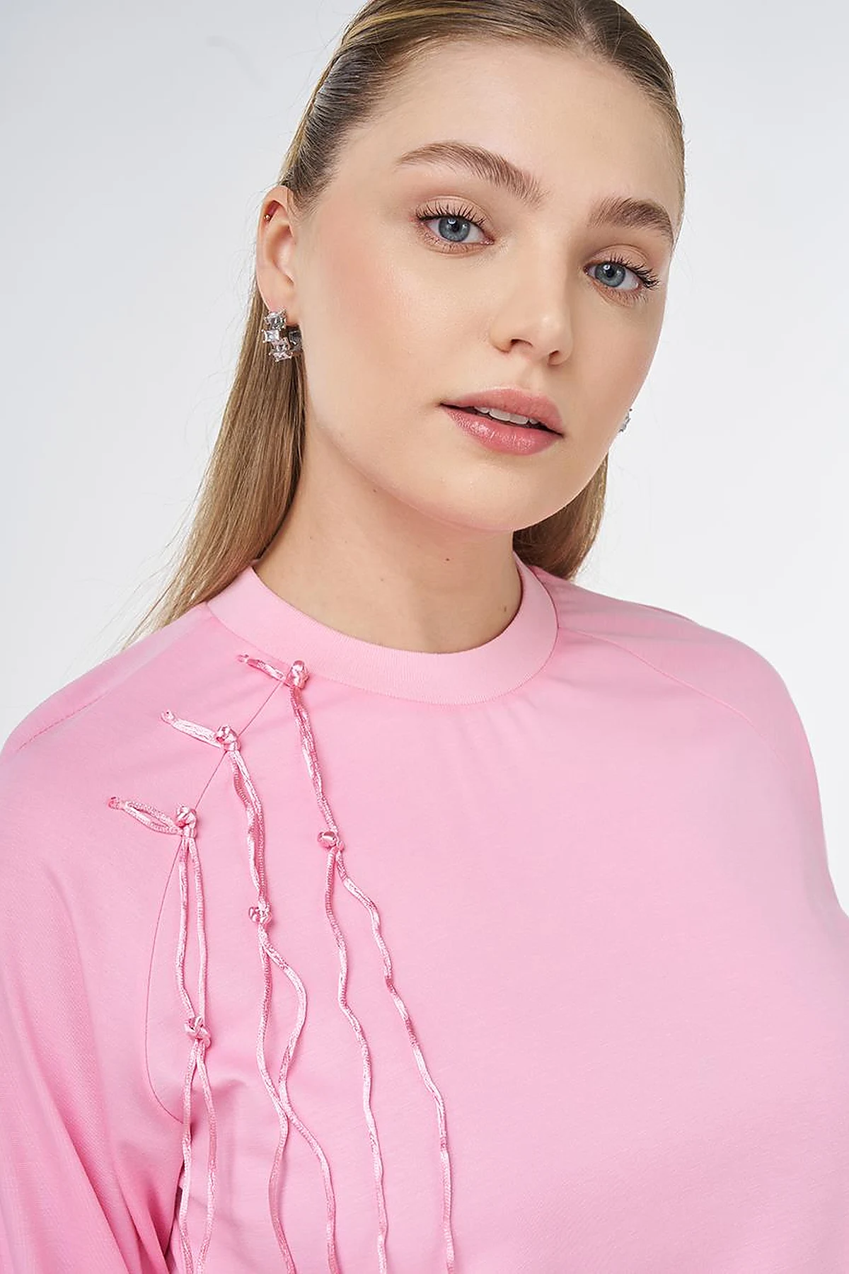 Ribanalı Sıfır Yaka Penye Sweatshirt Şeker Pembe