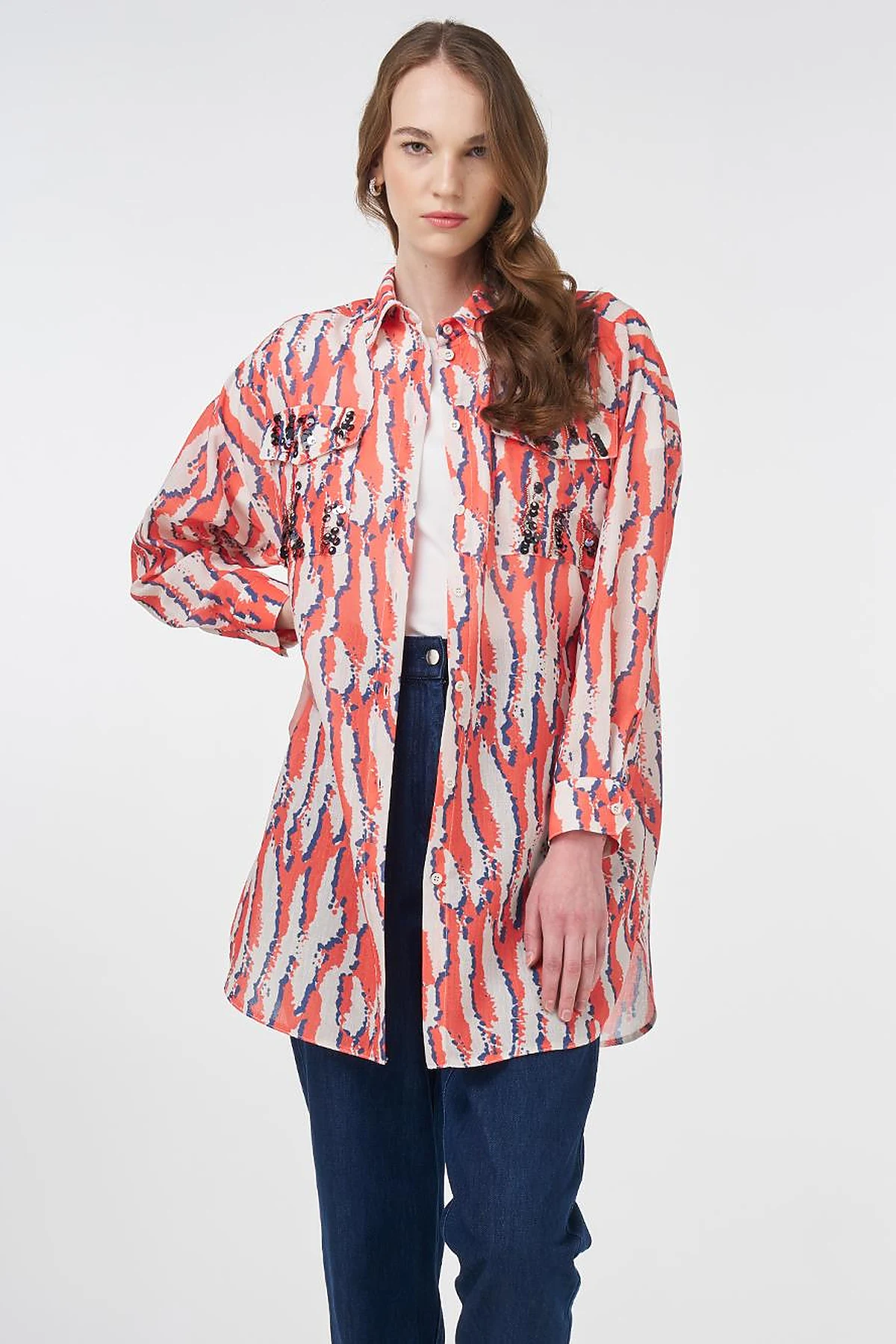 Abstract Patterned Shirt Collar Tunic Coral