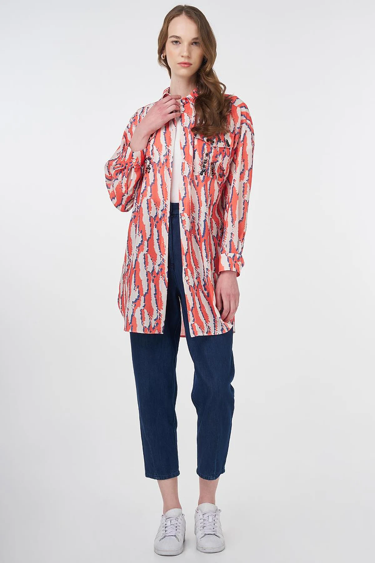 Abstract Patterned Shirt Collar Tunic Coral