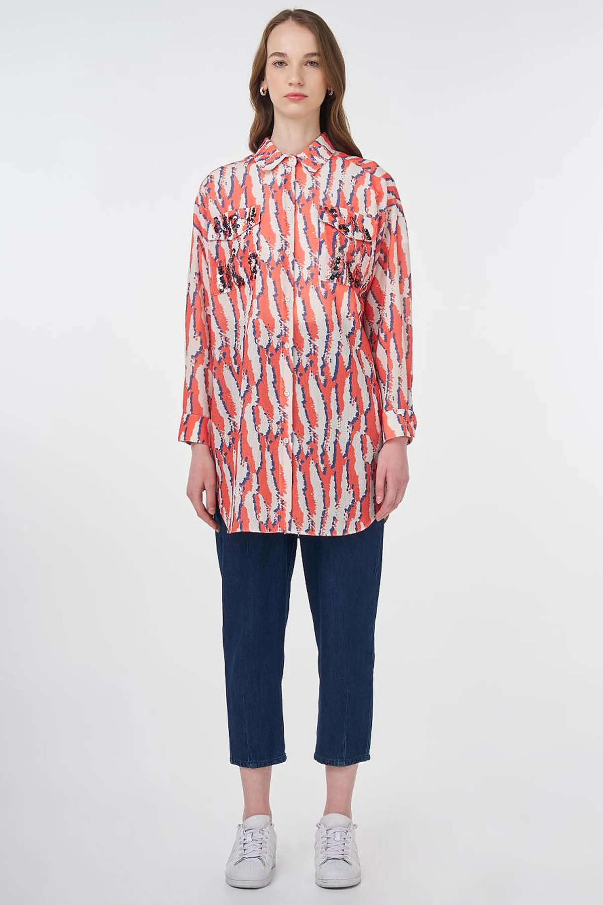 Abstract Patterned Shirt Collar Tunic Coral