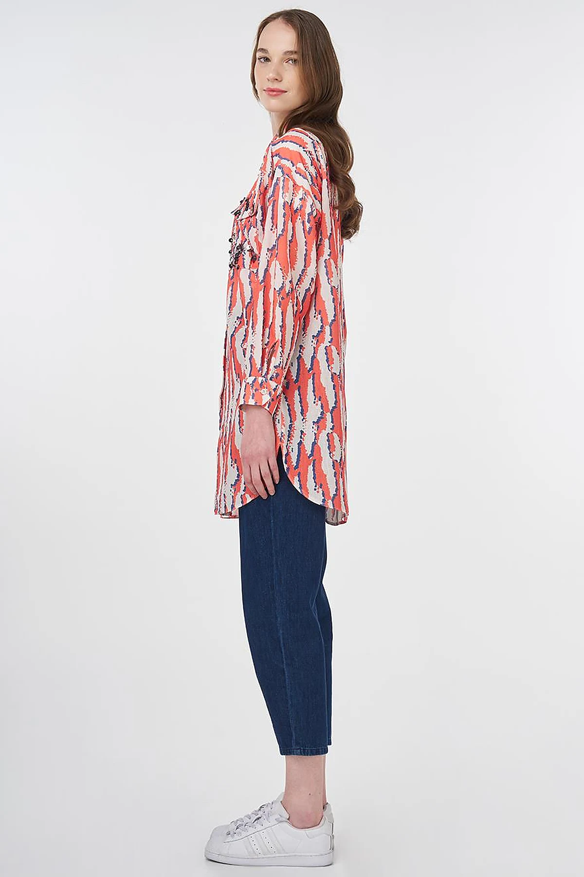 Abstract Patterned Shirt Collar Tunic Coral