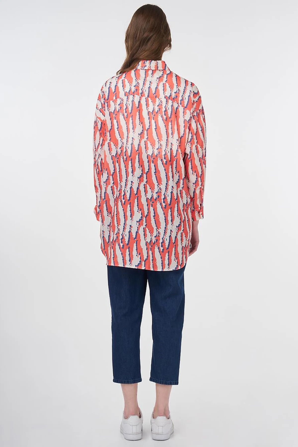 Abstract Patterned Shirt Collar Tunic Coral