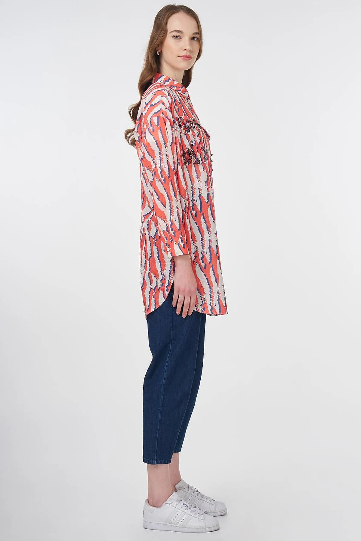 Abstract Patterned Shirt Collar Tunic Coral