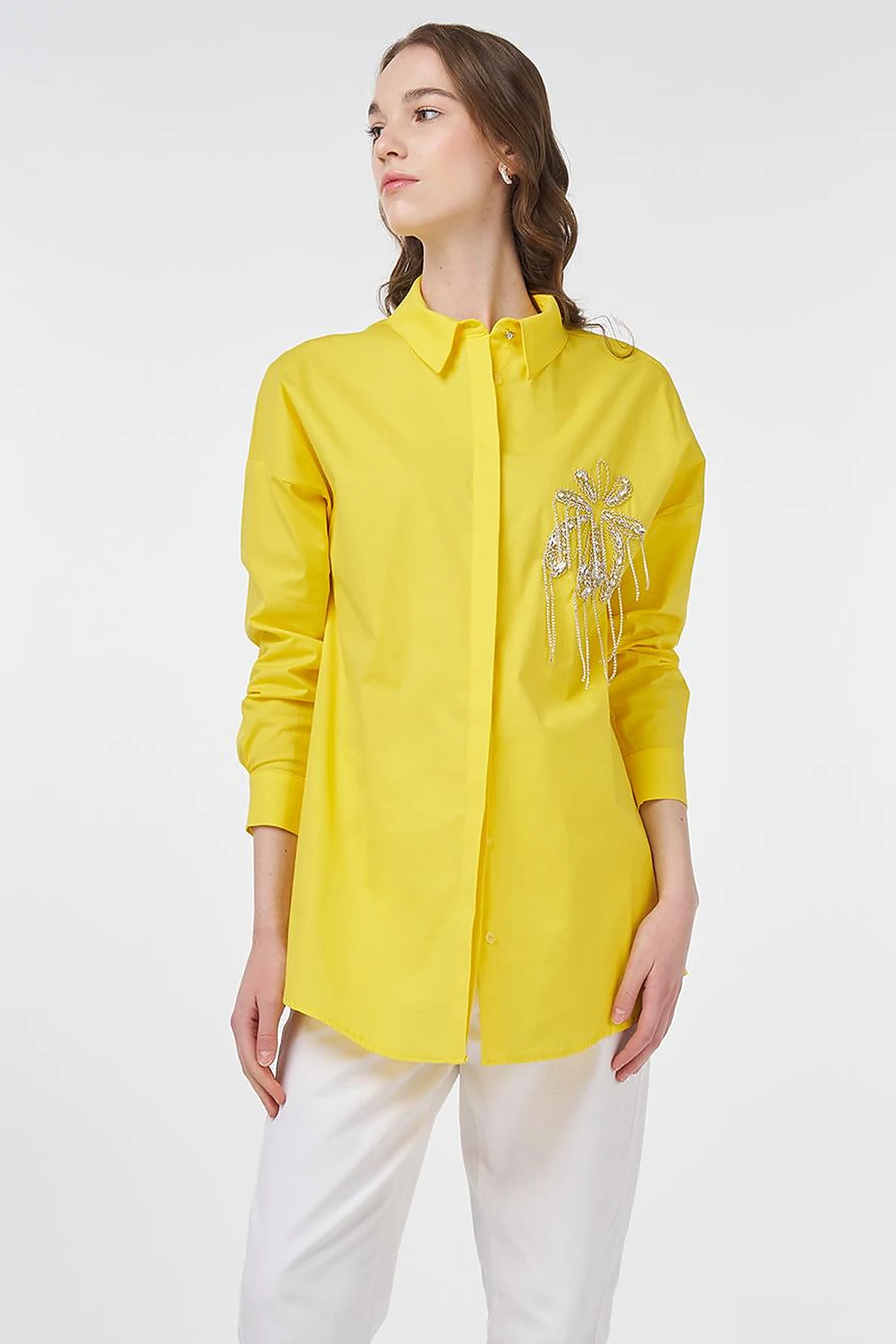 Stone Embroidered Cotton Tunic Yellow