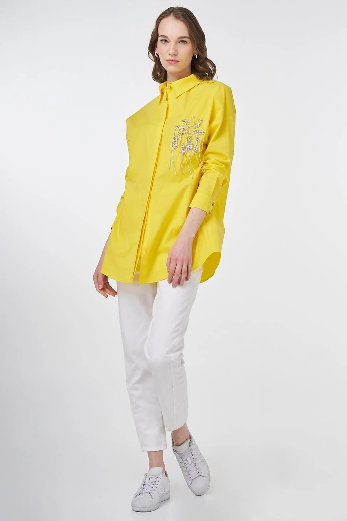 Stone Embroidered Cotton Tunic Yellow