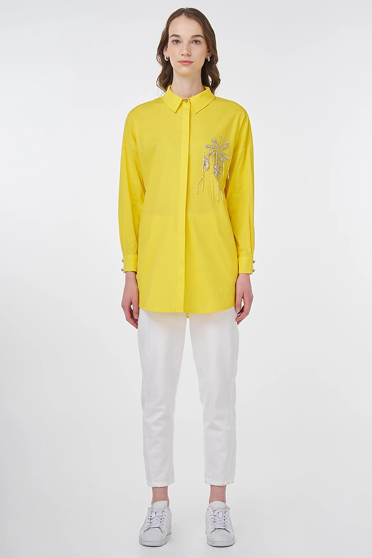 Stone Embroidered Cotton Tunic Yellow