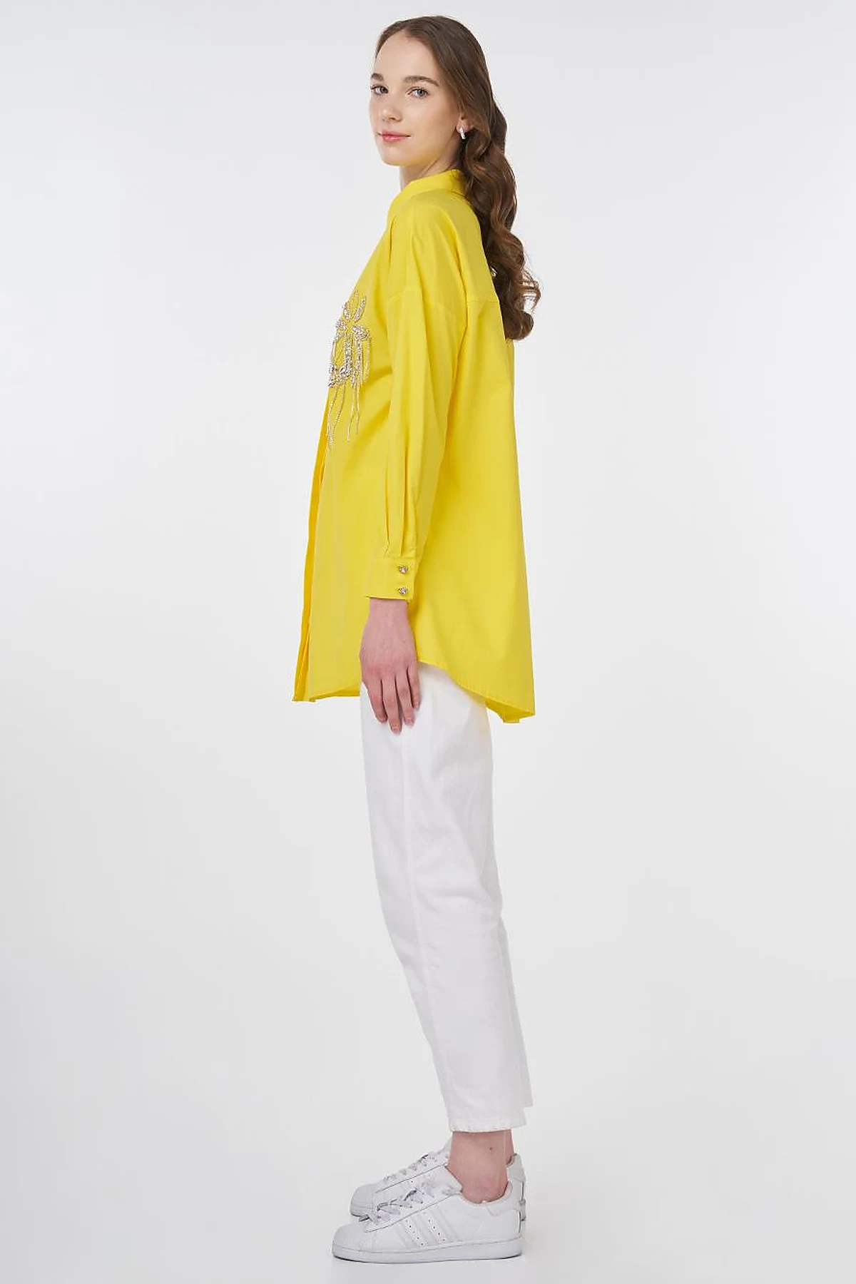 Stone Embroidered Cotton Tunic Yellow