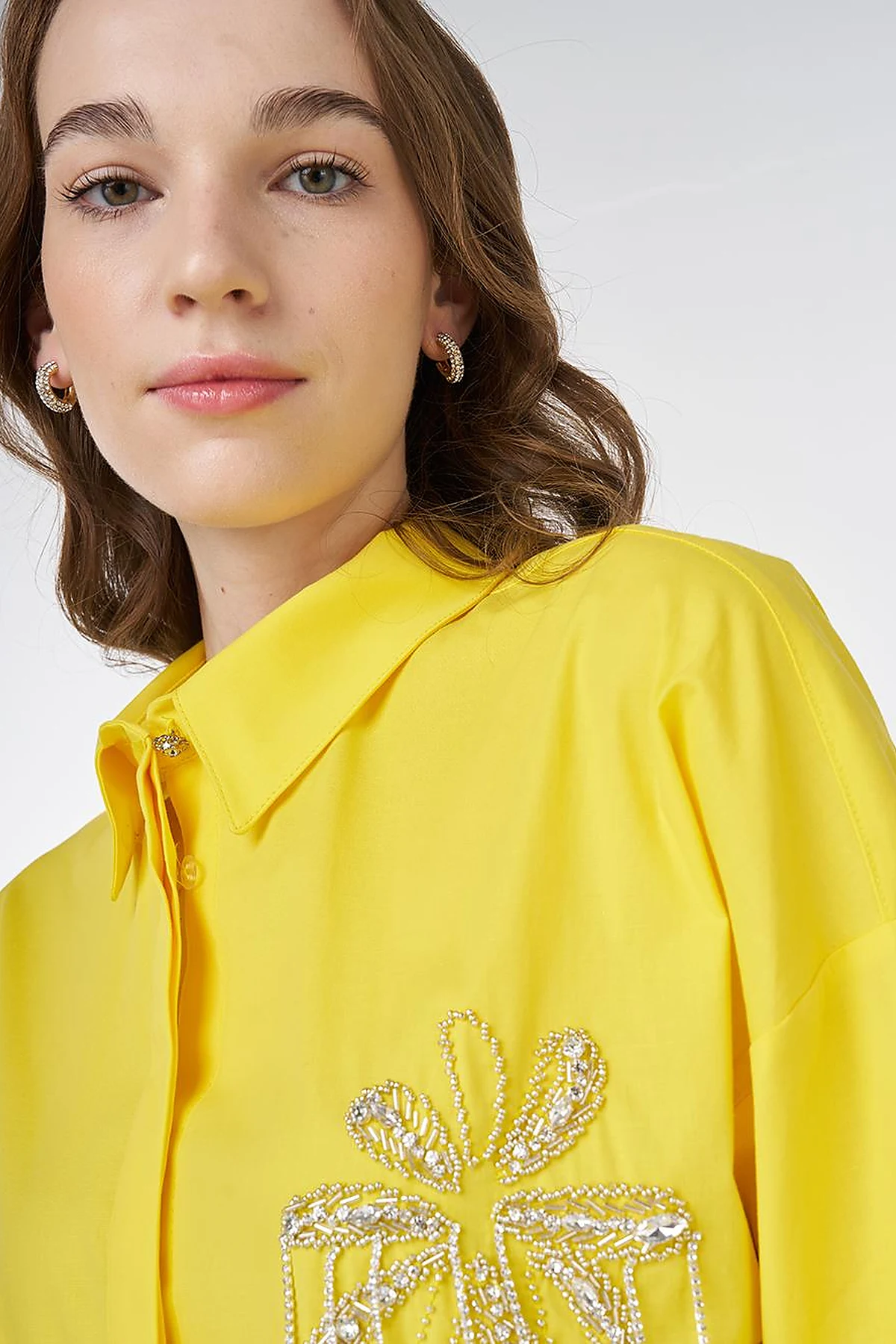 Stone Embroidered Cotton Tunic Yellow