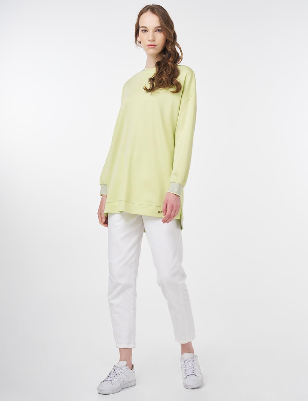 Ribanalı Sıfır Yaka Sweatshirt Lime