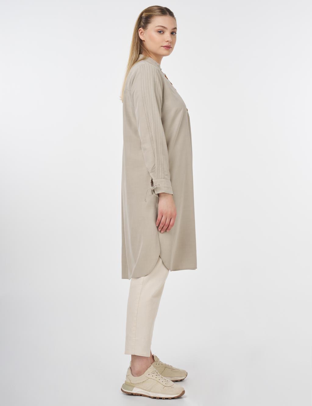 Embroidered Mandarin Collar Long Tunic Mold Green