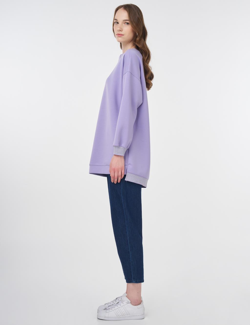Ribanalı Sıfır Yaka Sweatshirt Lila