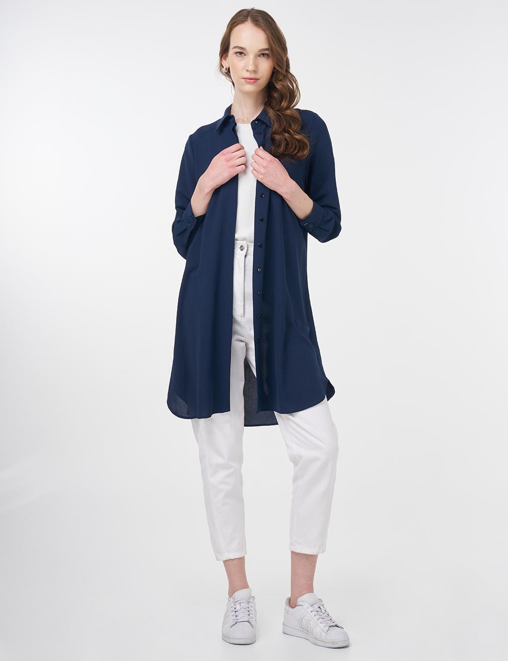 Concealed Placket Basic Tunic Navy Blue