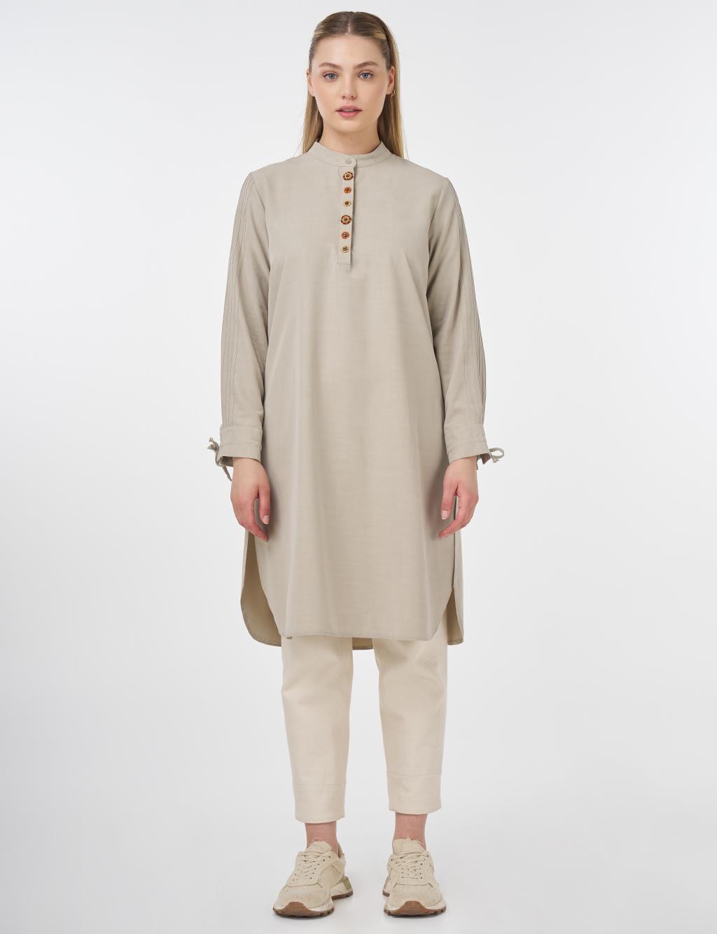 Embroidered Mandarin Collar Long Tunic Mold Green