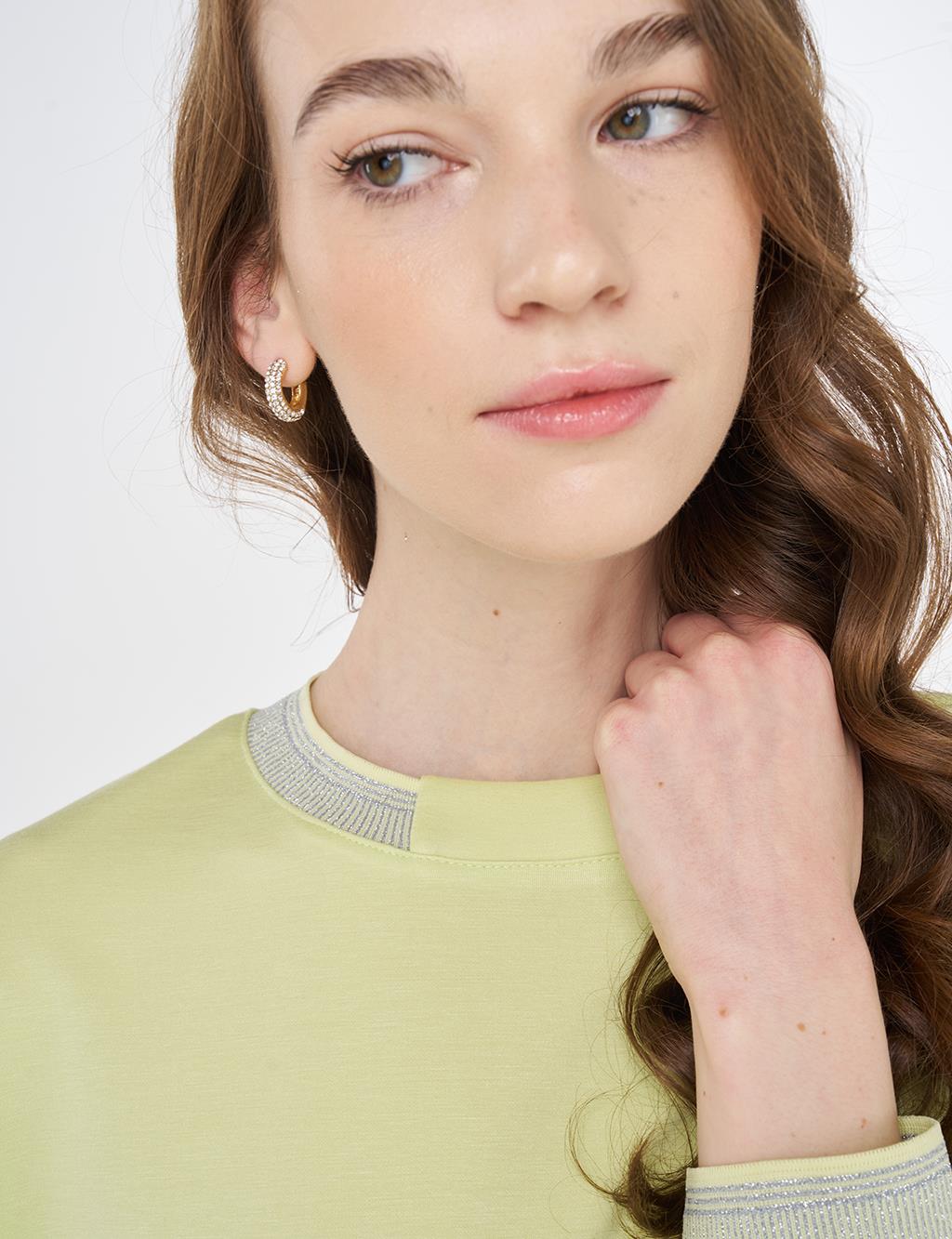 Ribanalı Sıfır Yaka Sweatshirt Lime