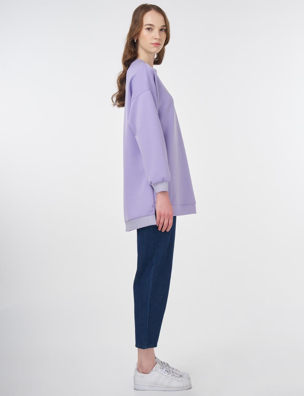 Ribanalı Sıfır Yaka Sweatshirt Lila