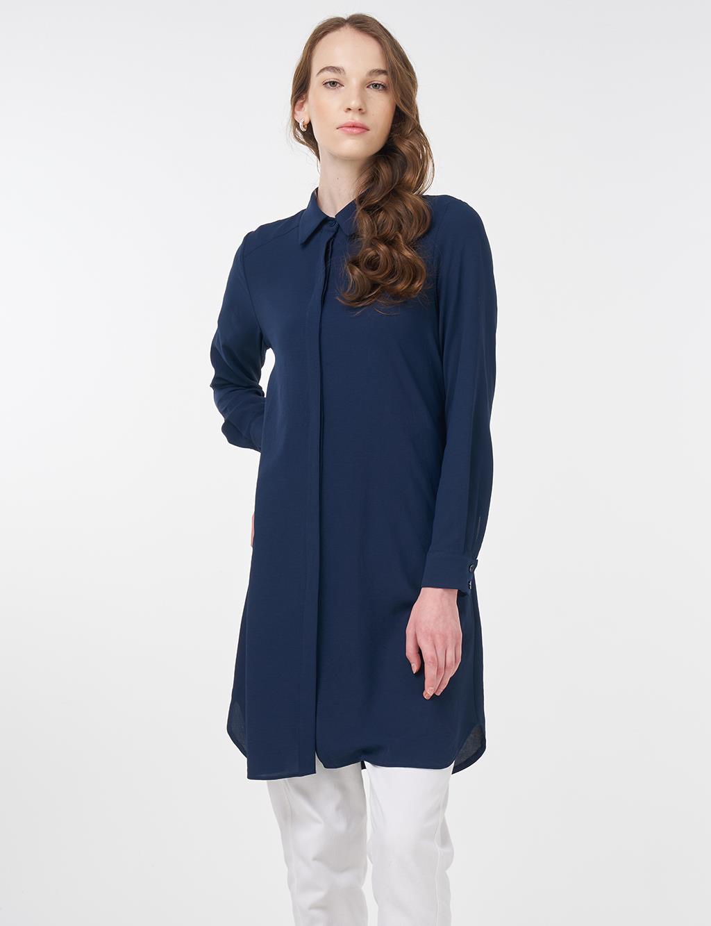 Concealed Placket Basic Tunic Navy Blue