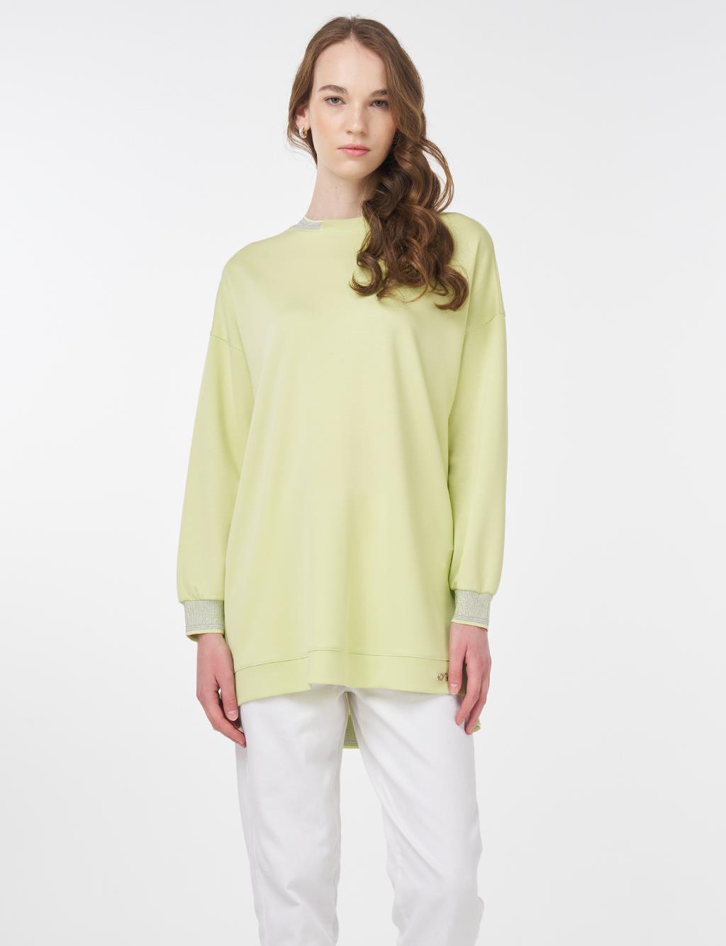 Ribanalı Sıfır Yaka Sweatshirt Lime