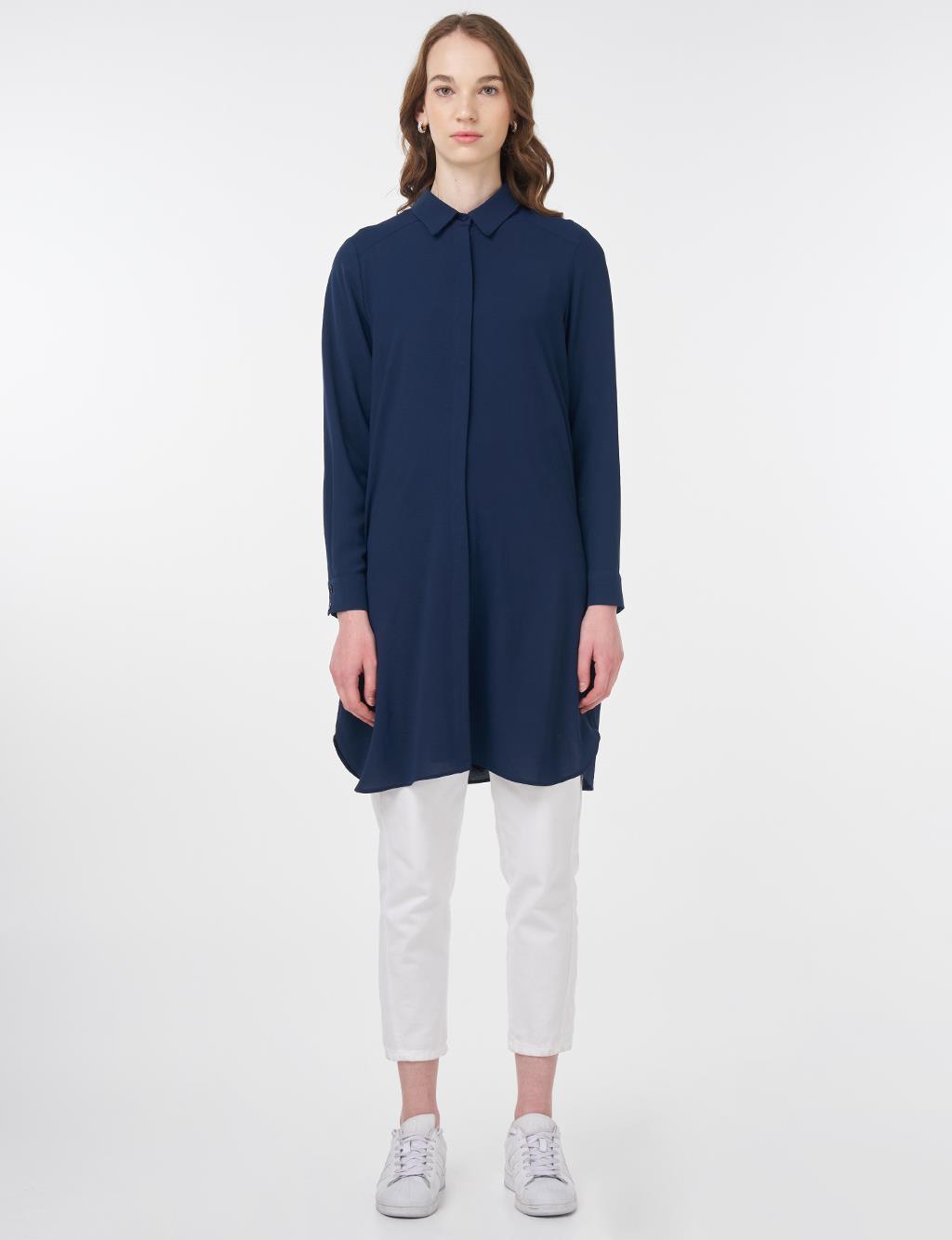 Concealed Placket Basic Tunic Navy Blue