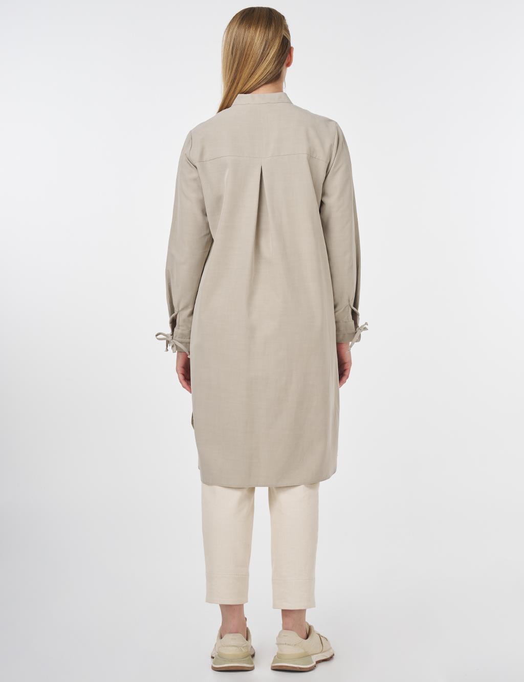 Embroidered Mandarin Collar Long Tunic Mold Green