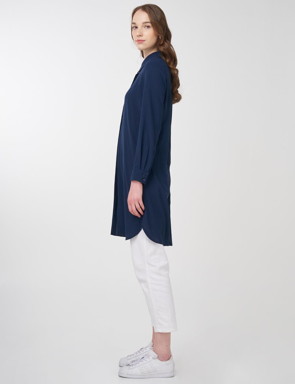 Concealed Placket Basic Tunic Navy Blue