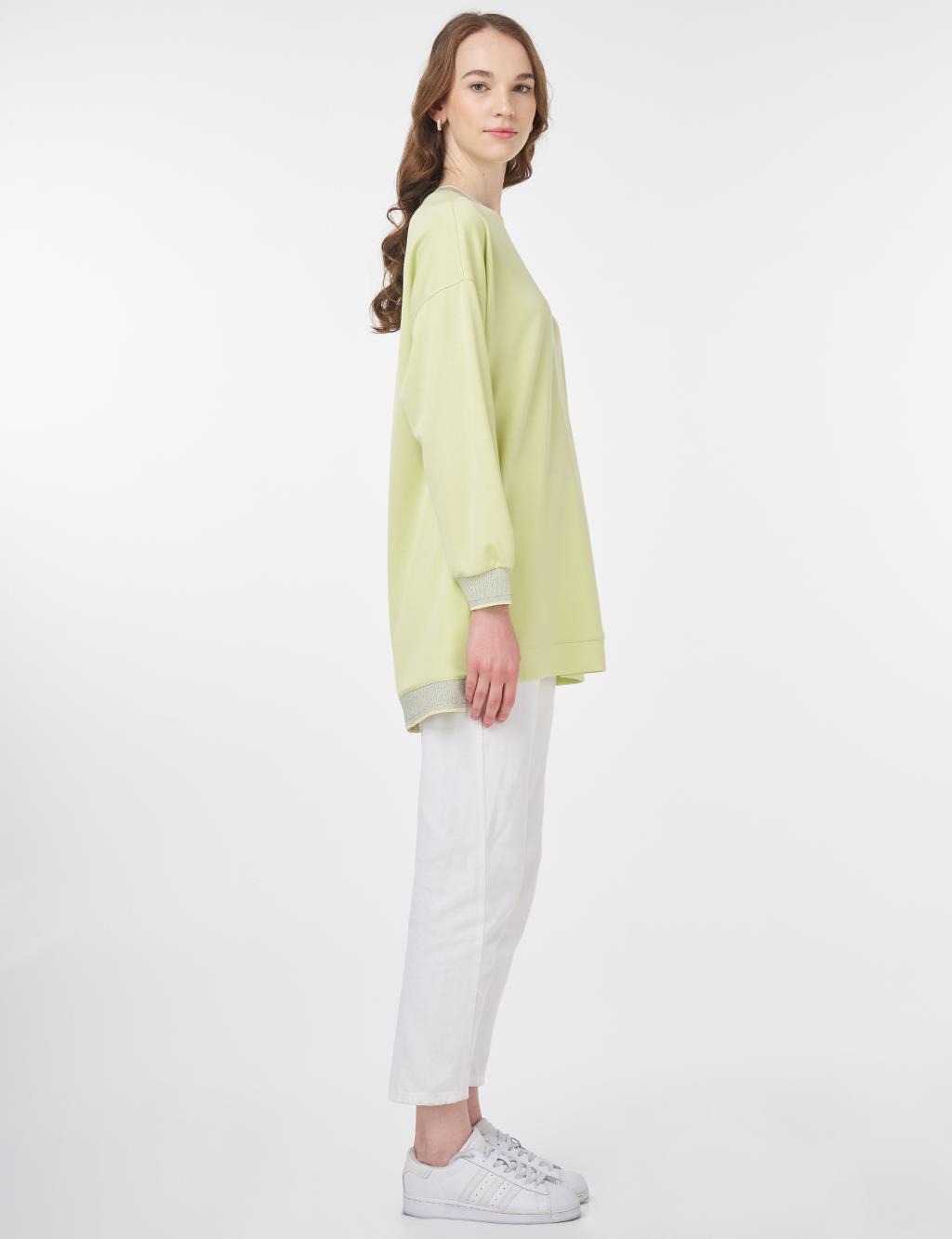Ribanalı Sıfır Yaka Sweatshirt Lime