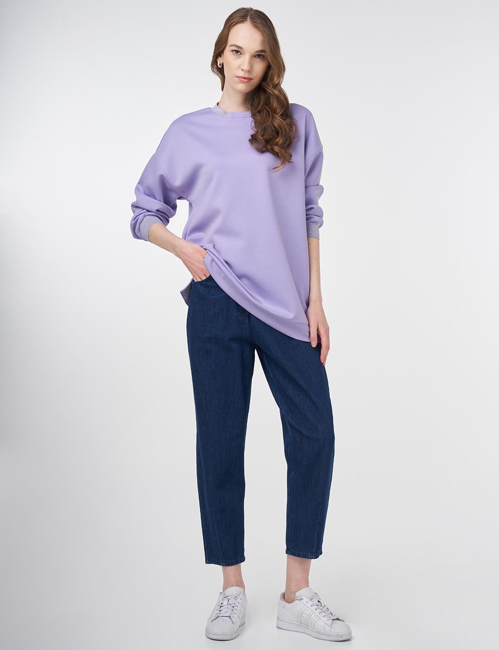 Ribanalı Sıfır Yaka Sweatshirt Lila