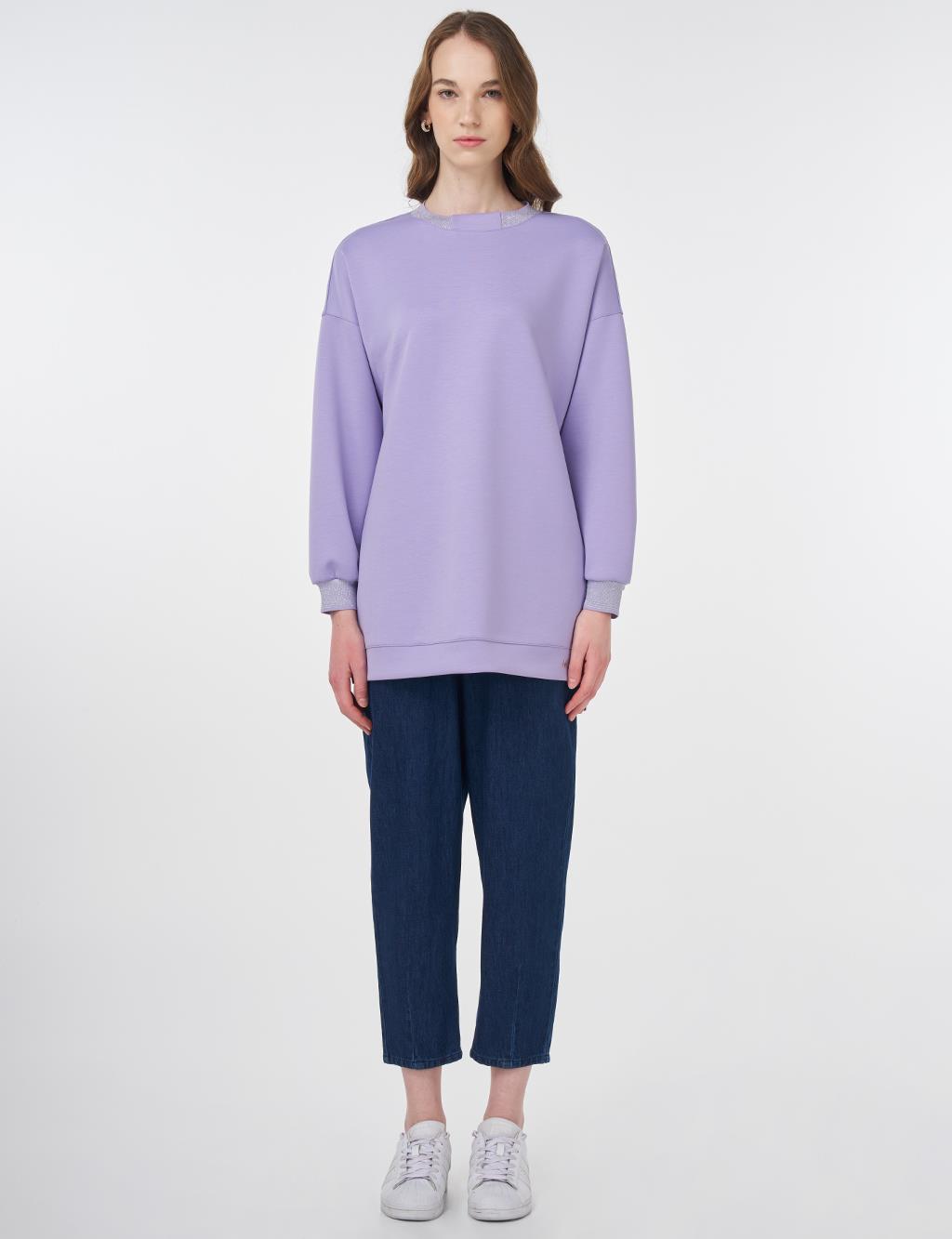 Ribanalı Sıfır Yaka Sweatshirt Lila