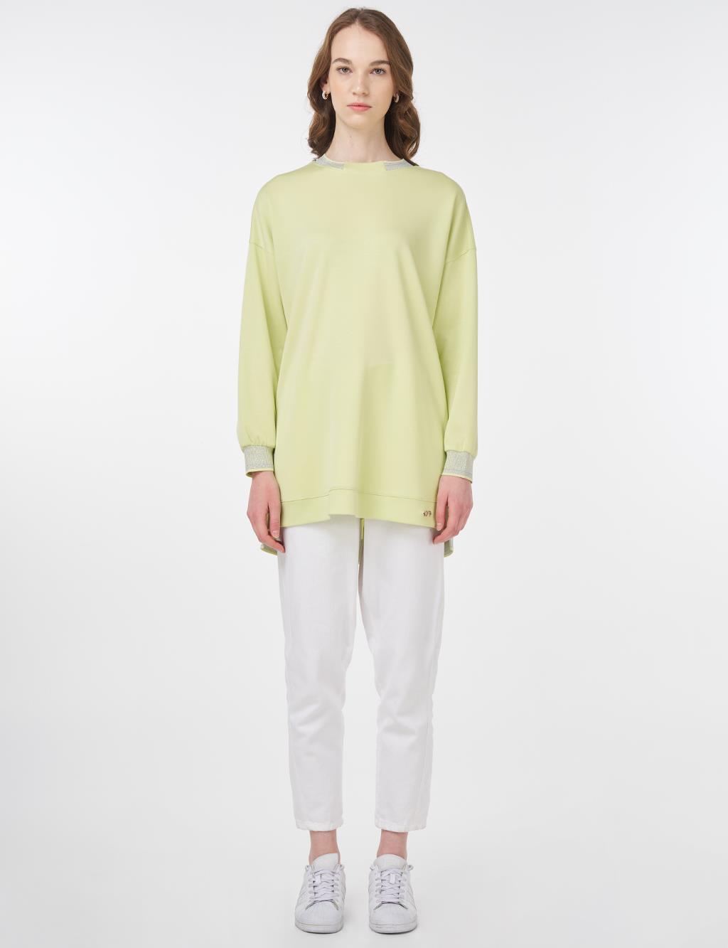 Ribanalı Sıfır Yaka Sweatshirt Lime