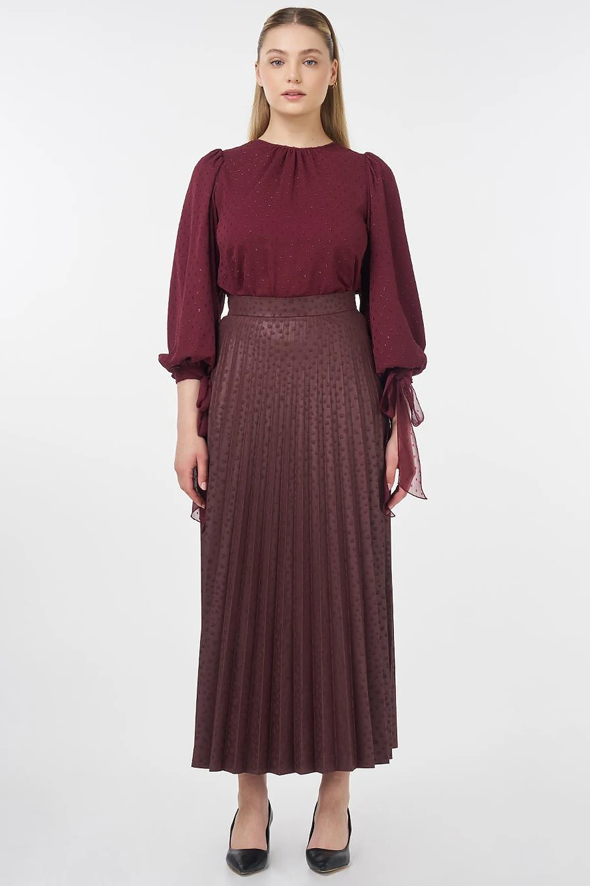 Polka Dot Pleated Skirt Plum