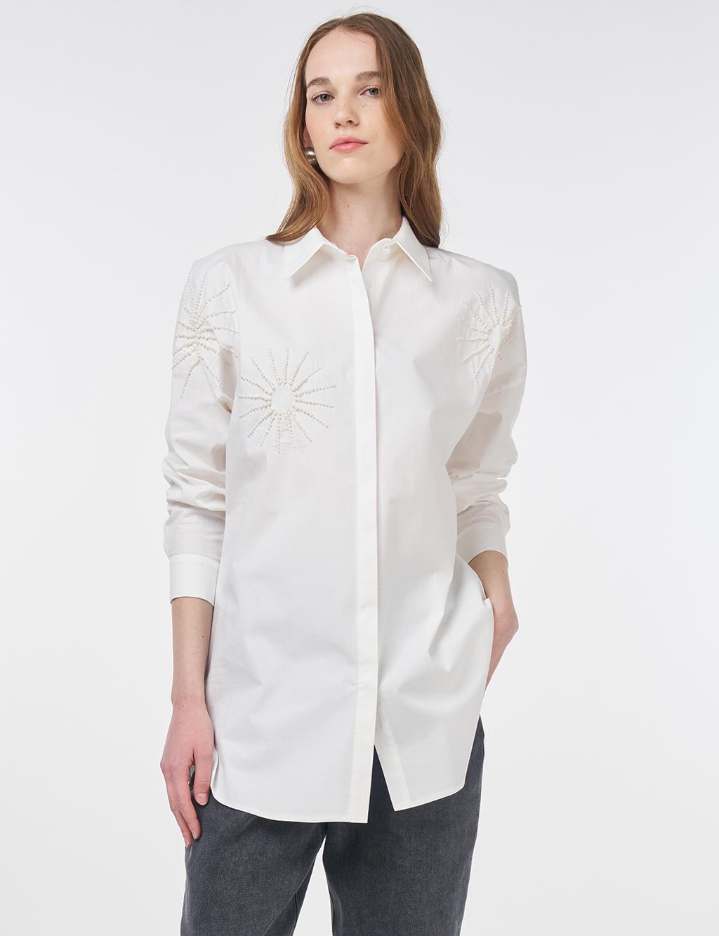 Beaded Embroidered Cotton Tunic Ecru