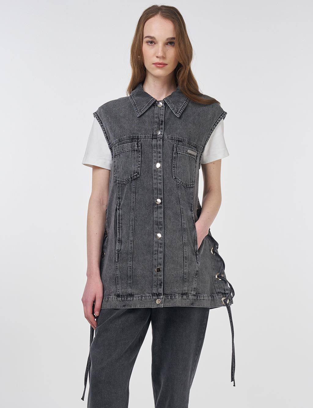 Eyelet Detail Side-Tie Denim Vest Anthracite