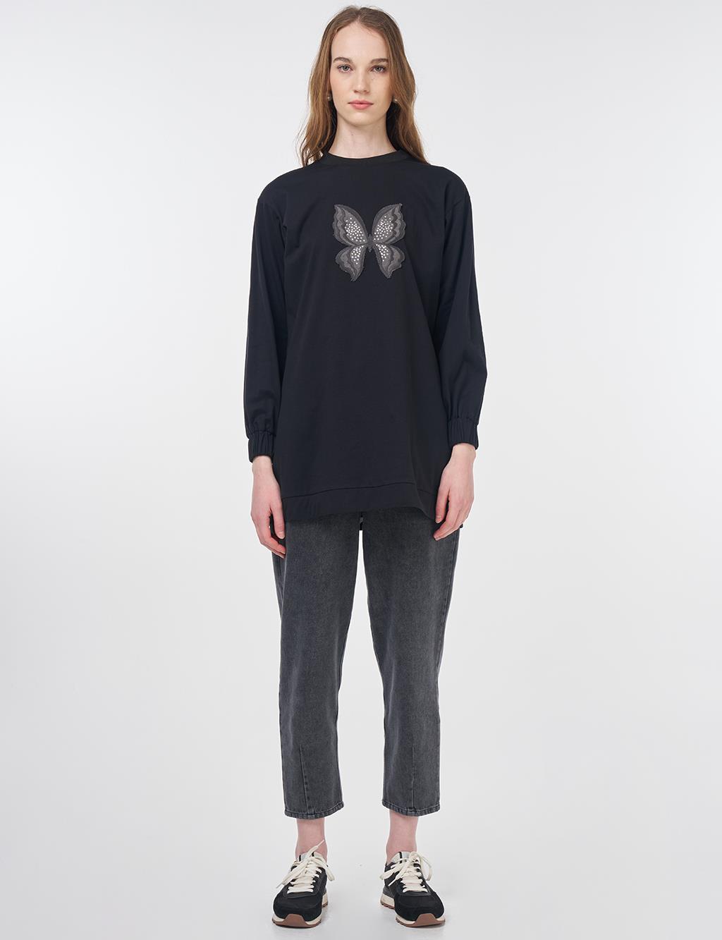 Kelebek Nakışlı Pamuklu Sweatshirt Siyah